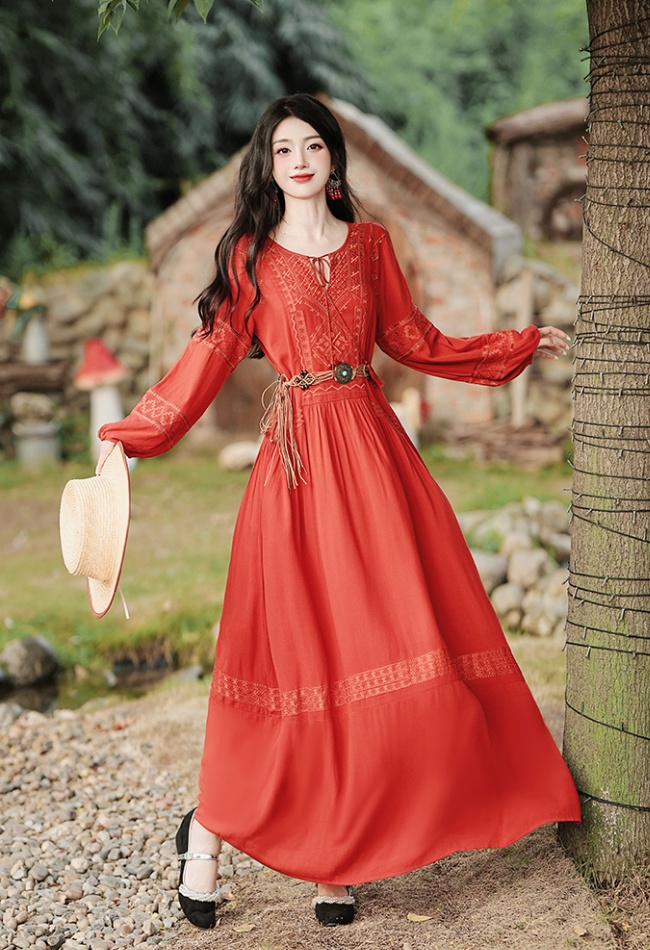 Bohemian style red long dress with belt vacation dress