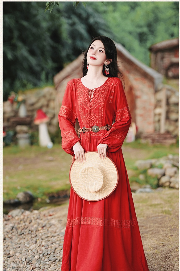 Bohemian style red long dress with belt vacation dress