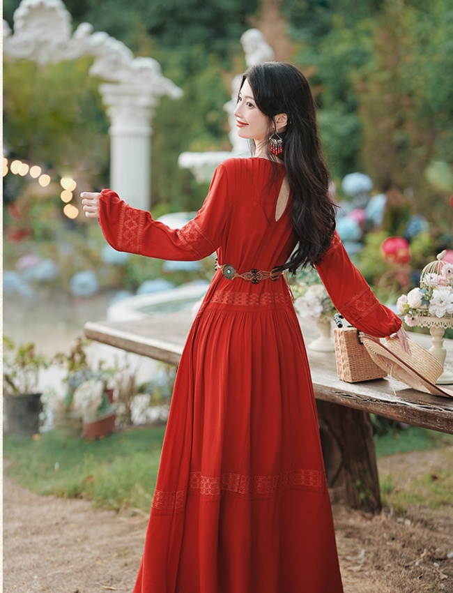 Bohemian style red long dress with belt vacation dress