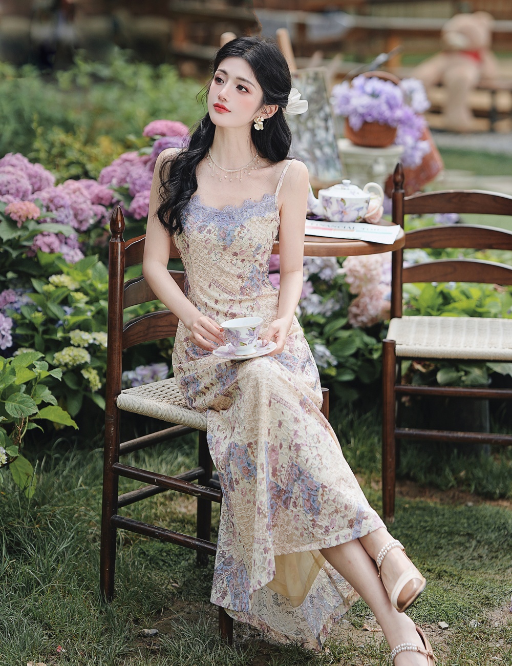 Sling long dress lace dress