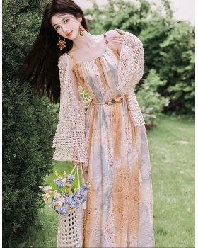 Retro vacation dress France style cardigan