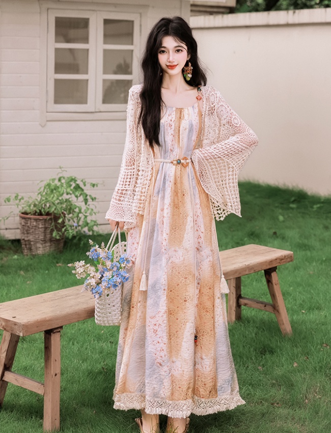Retro vacation dress France style cardigan