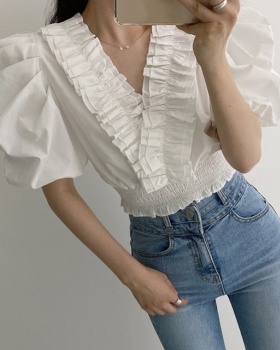 V-neck pullover tops wood ear puff sleeve shirt