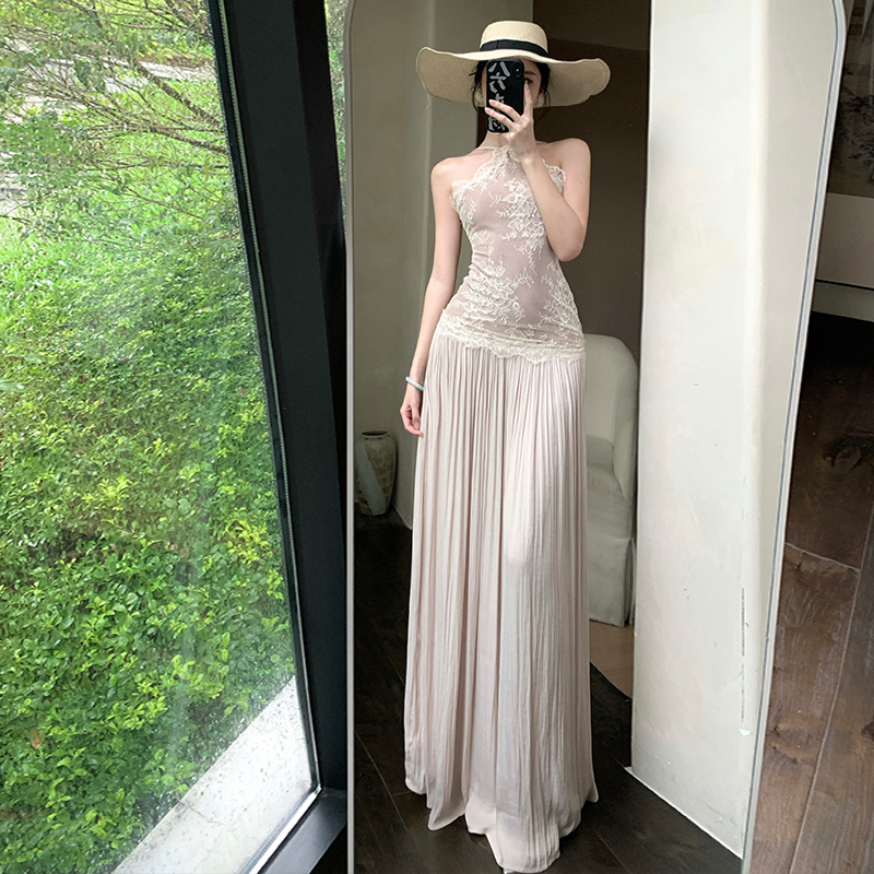 Pinched waist sleeveless dress lace temperament long dress