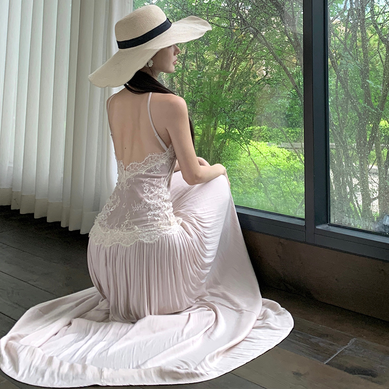 Pinched waist sleeveless dress lace temperament long dress