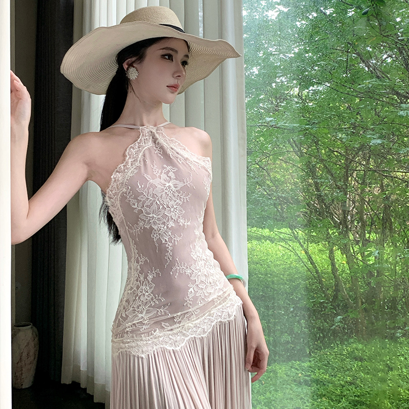Pinched waist sleeveless dress lace temperament long dress