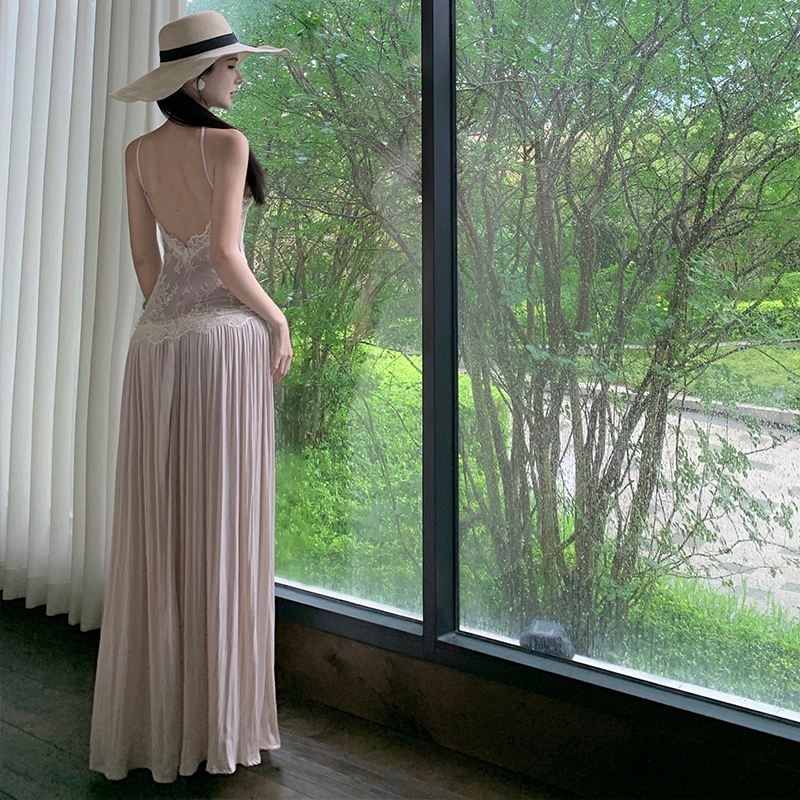 Pinched waist sleeveless dress lace temperament long dress