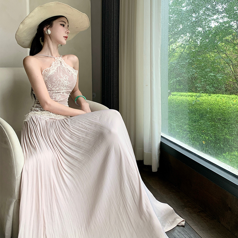Pinched waist sleeveless dress lace temperament long dress