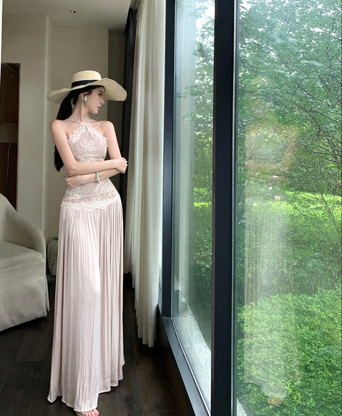 Pinched waist sleeveless dress lace temperament long dress