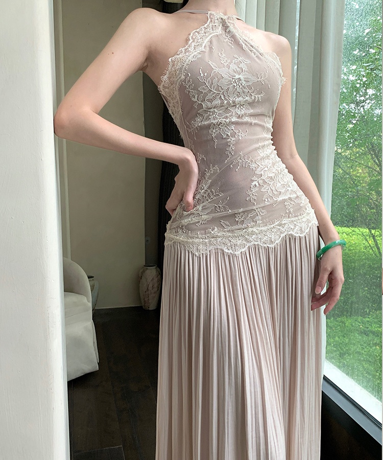 Pinched waist sleeveless dress lace temperament long dress