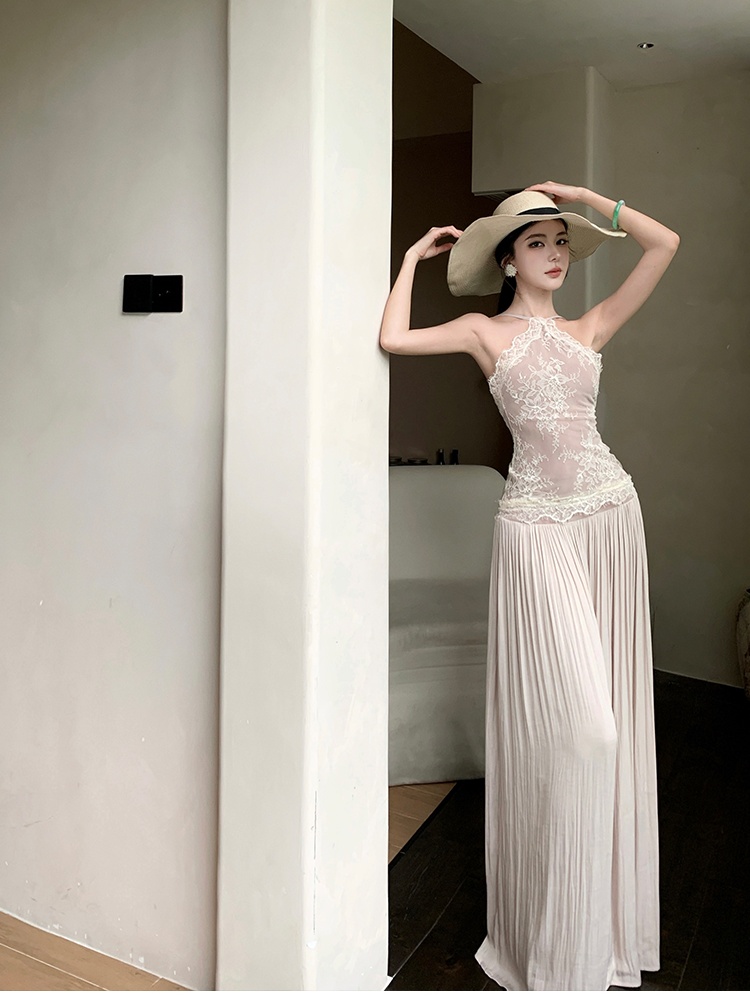Pinched waist sleeveless dress lace temperament long dress