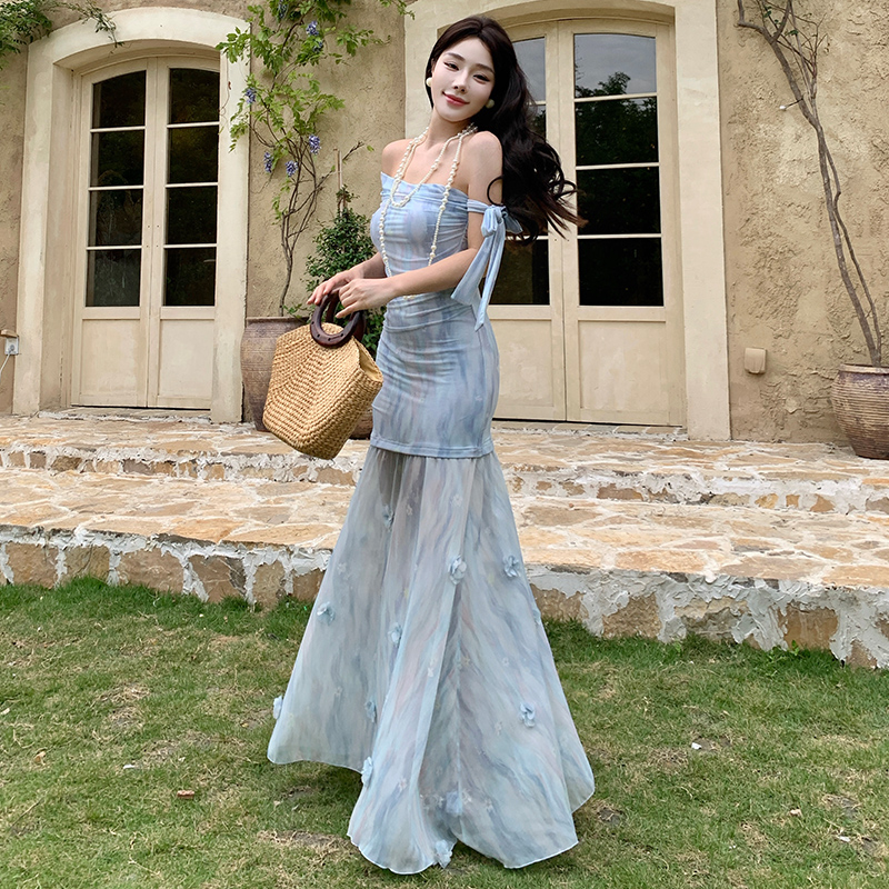 Sloping shoulder romantic dress blue long dress