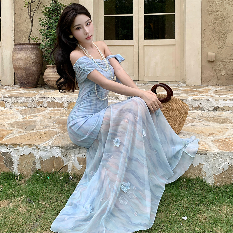 Sloping shoulder romantic dress blue long dress
