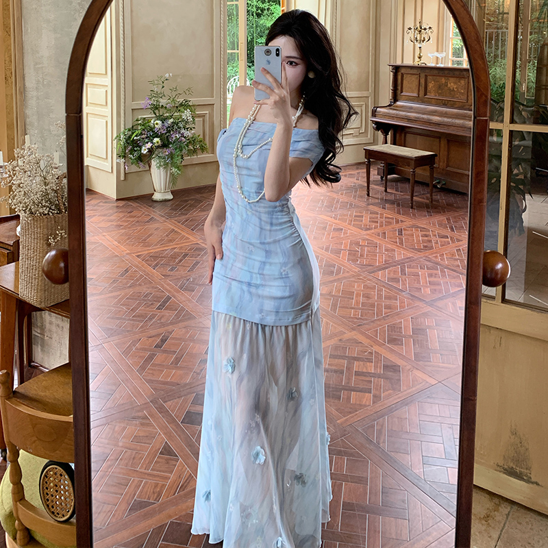 Sloping shoulder romantic dress blue long dress