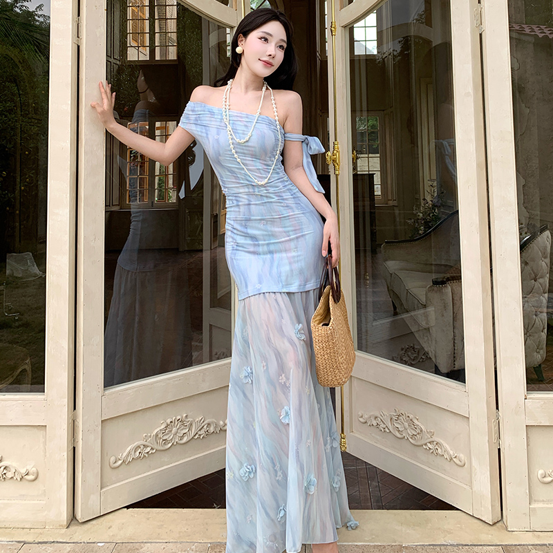 Sloping shoulder romantic dress blue long dress