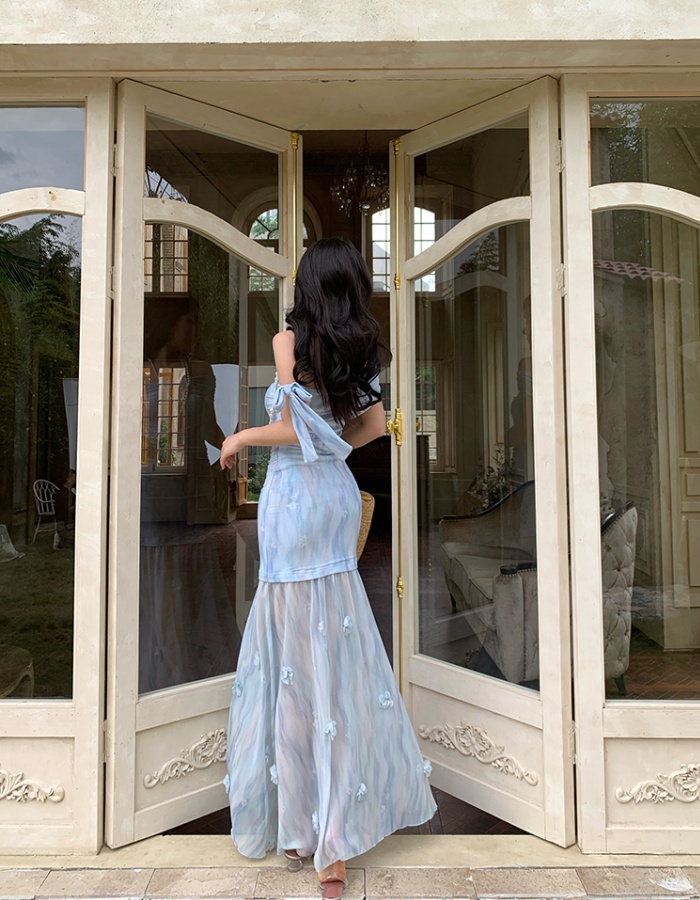 Sloping shoulder romantic dress blue long dress