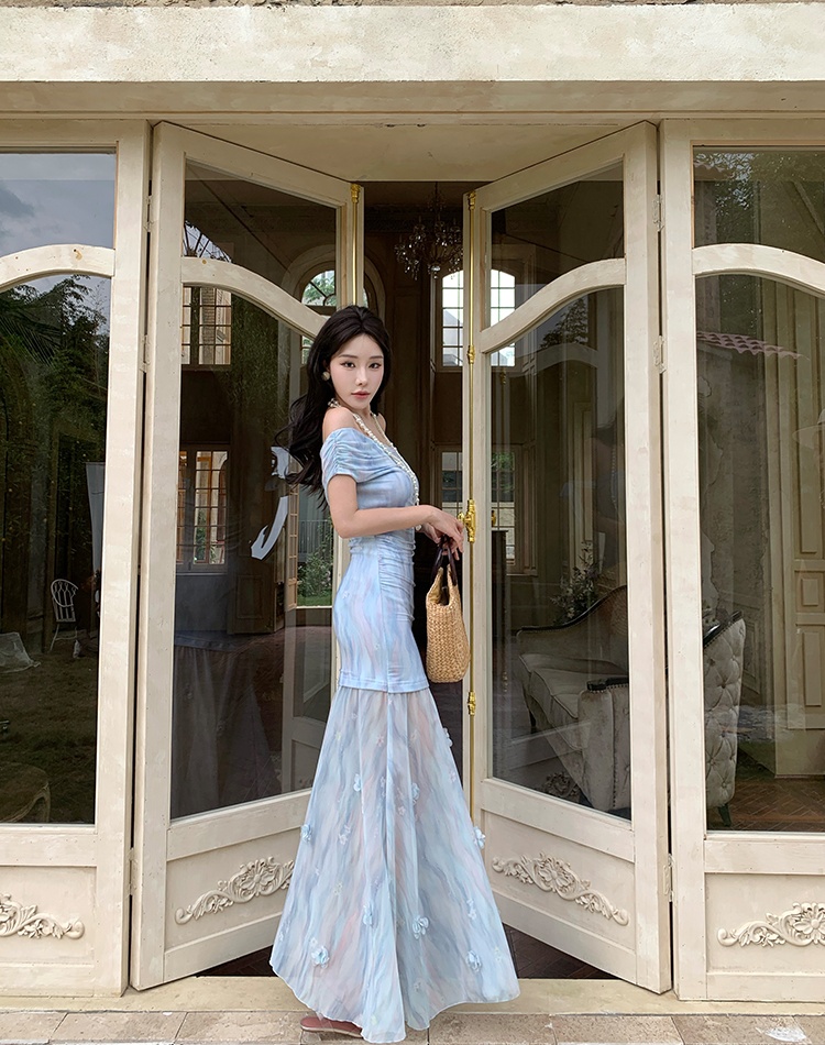 Sloping shoulder romantic dress blue long dress