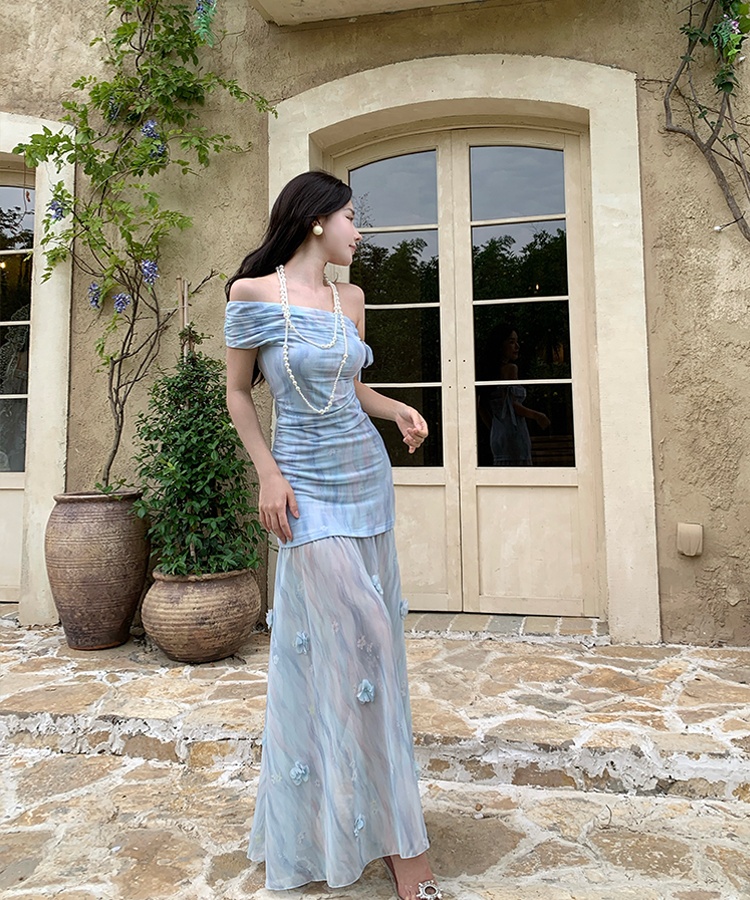 Sloping shoulder romantic dress blue long dress