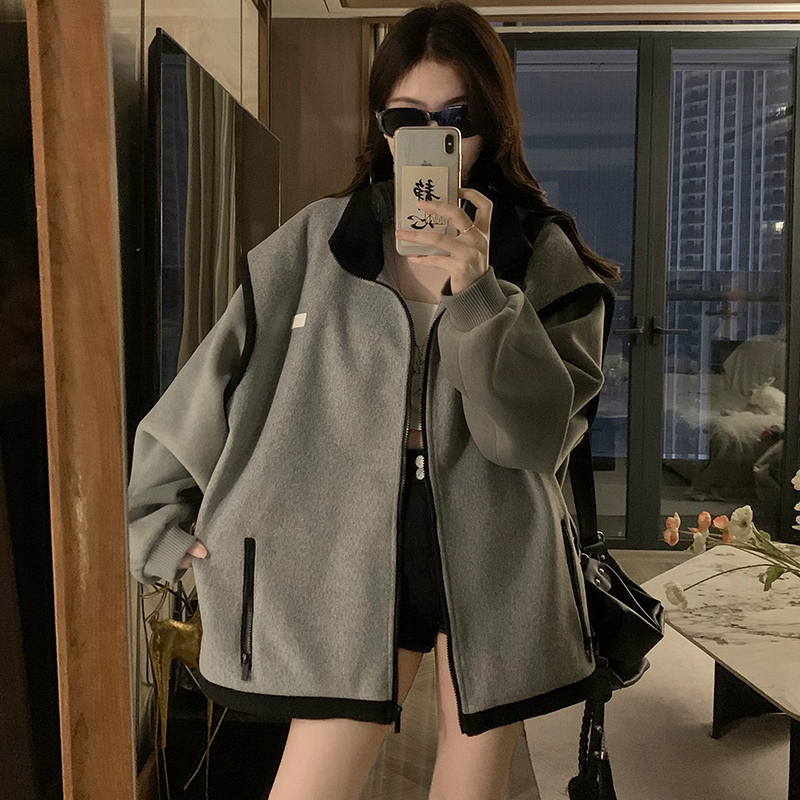 American style retro woolen coat splice baseball uniforms