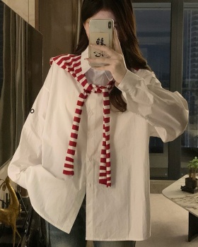 Stripe autumn long sleeve tops Korean style white coat