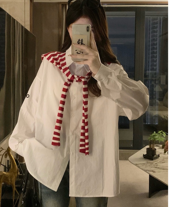 Stripe autumn long sleeve tops Korean style white coat