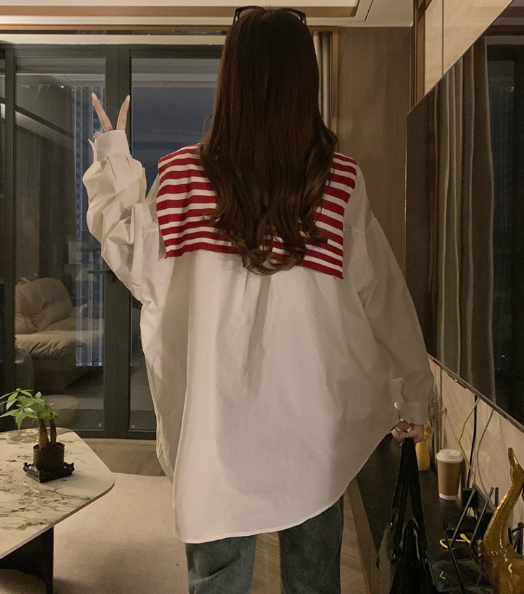 Stripe autumn long sleeve tops Korean style white coat