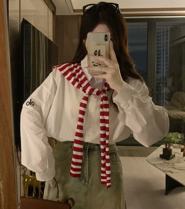 Stripe autumn long sleeve tops Korean style white coat
