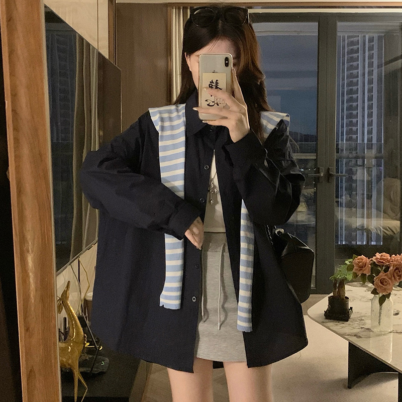 Stripe autumn long sleeve tops Korean style white coat