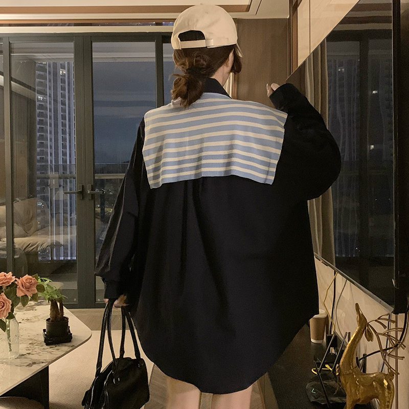 Stripe autumn long sleeve tops Korean style white coat