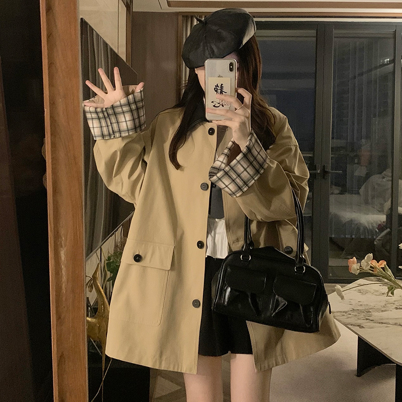 Mixed colors long plaid coat loose autumn windbreaker