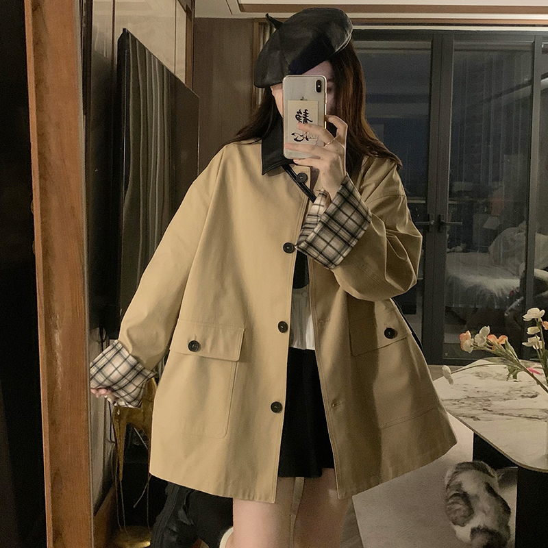 Mixed colors long plaid coat loose autumn windbreaker