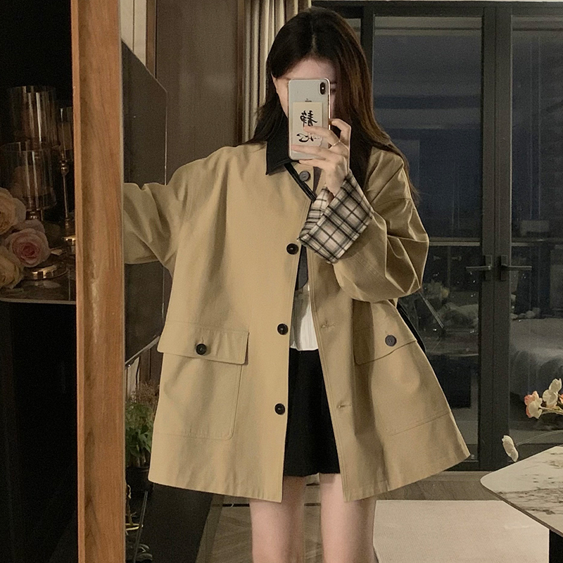 Mixed colors long plaid coat loose autumn windbreaker