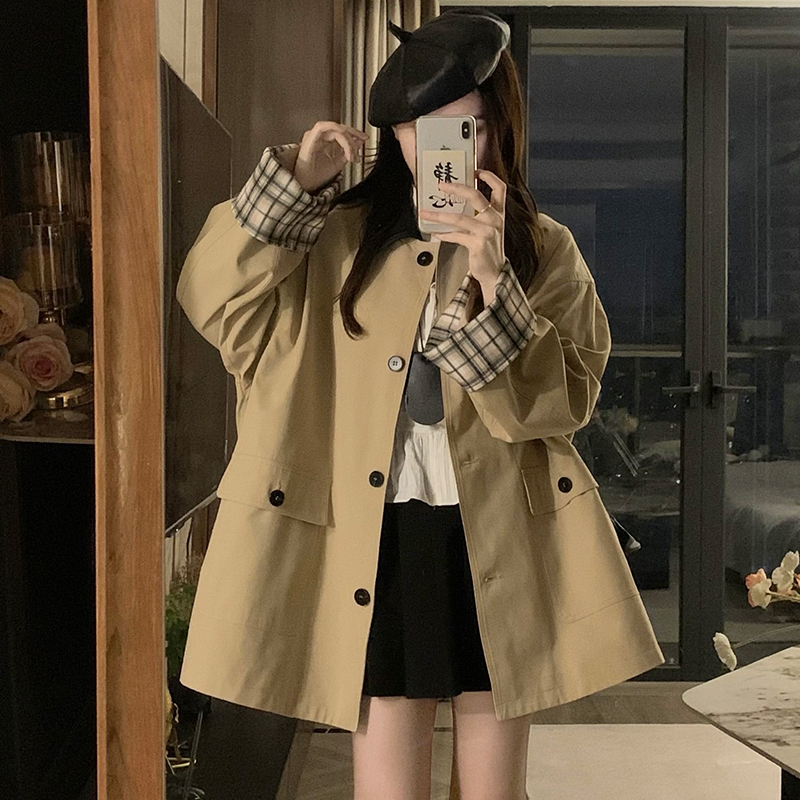 Mixed colors long plaid coat loose autumn windbreaker