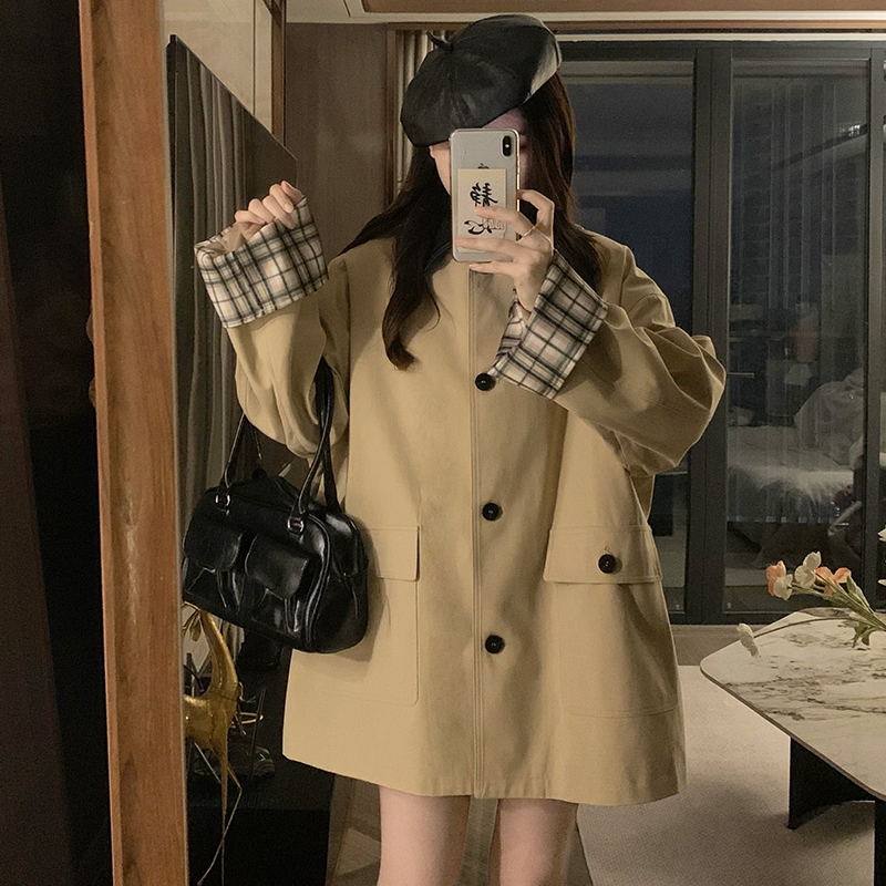 Mixed colors long plaid coat loose autumn windbreaker