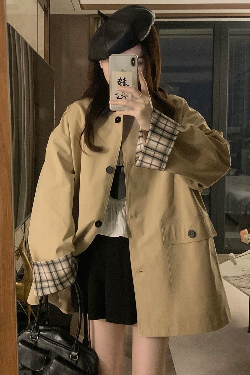 Mixed colors long plaid coat loose autumn windbreaker