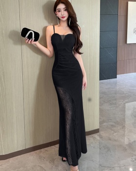 Sexy lace package hip long dress overalls sling dress