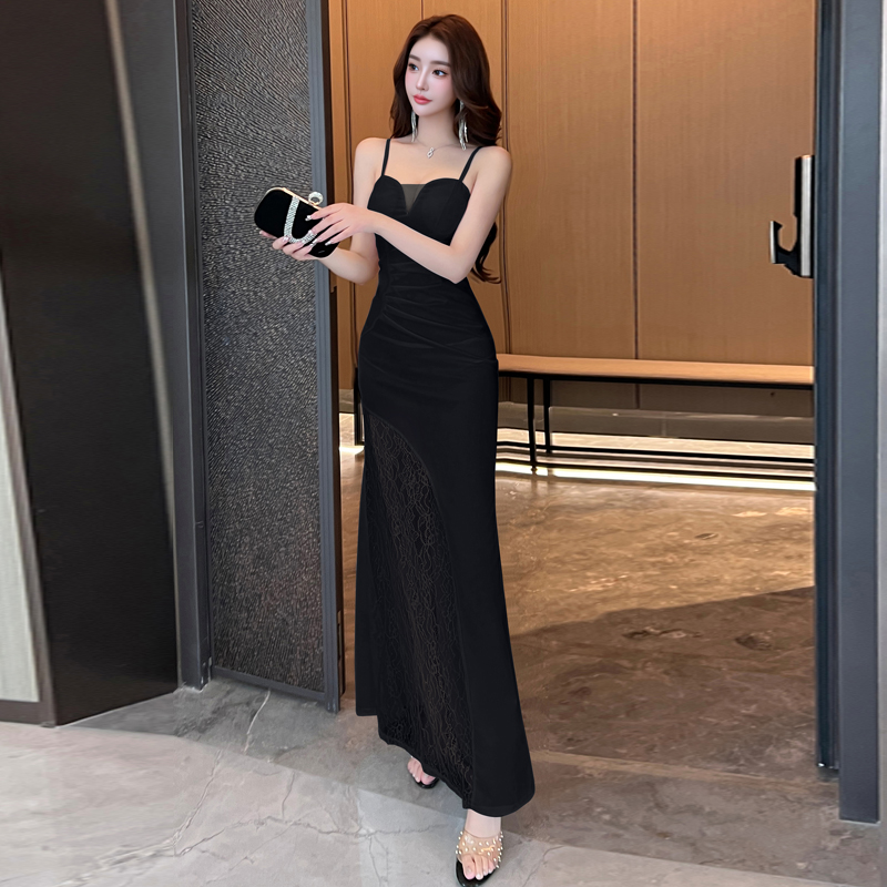 Sexy lace package hip long dress overalls sling dress