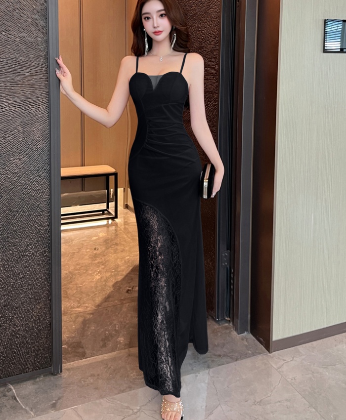 Sexy lace package hip long dress overalls sling dress