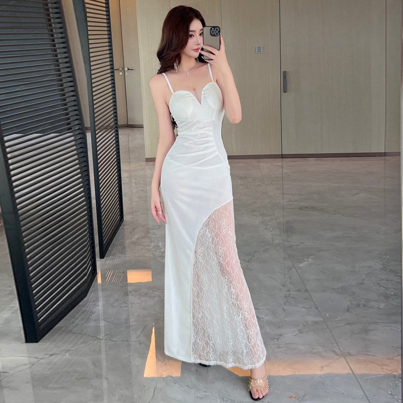 Sexy lace package hip long dress overalls sling dress