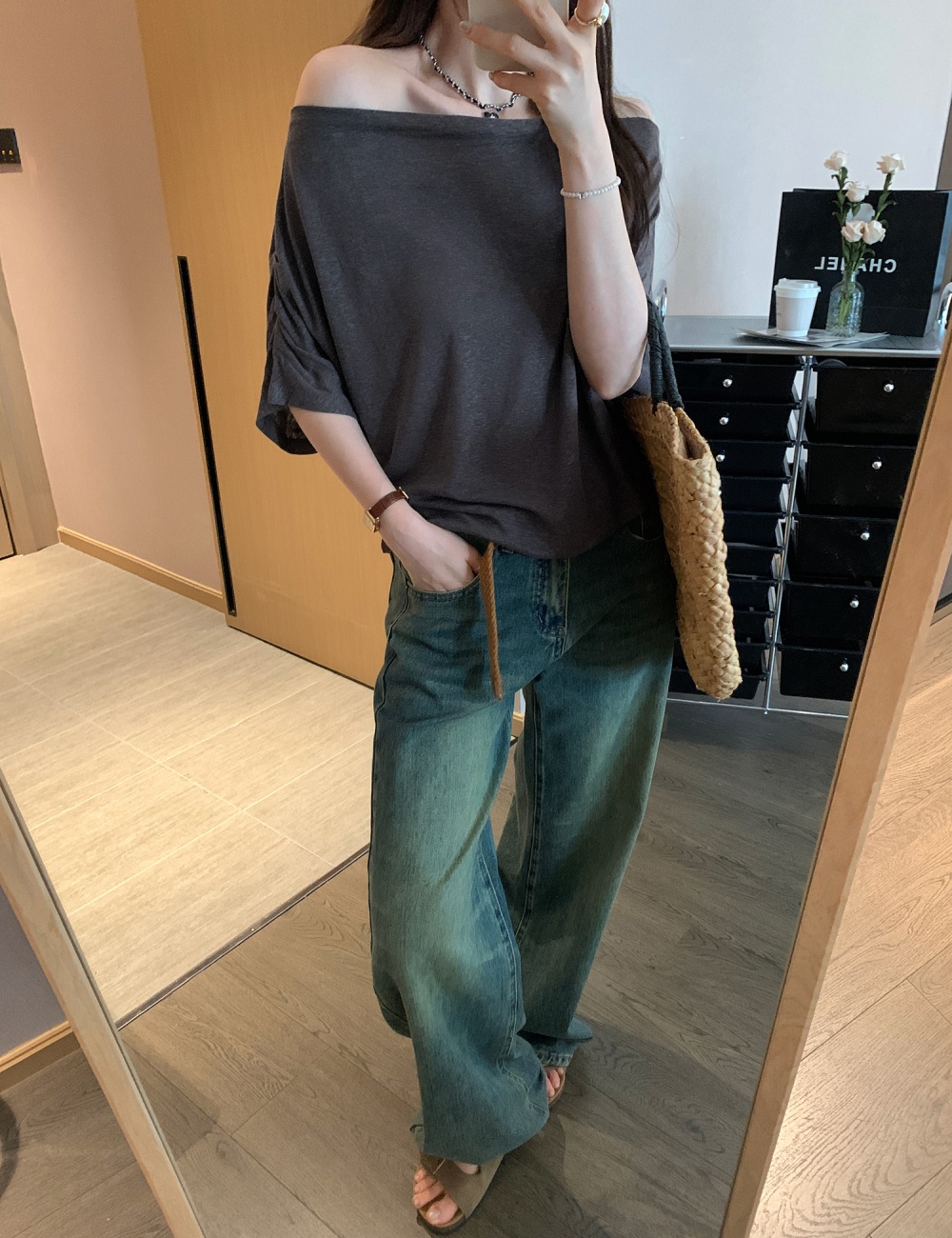 Lazy summer T-shirt sloping shoulder tops for women