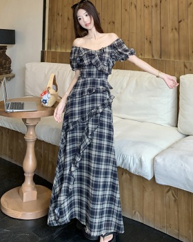 Plaid short sleeve strapless large yard slim dress