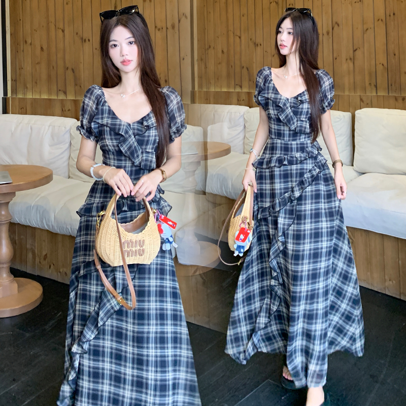 Plaid short sleeve strapless large yard slim dress