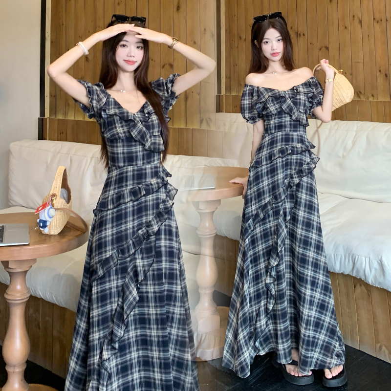 Plaid short sleeve strapless large yard slim dress