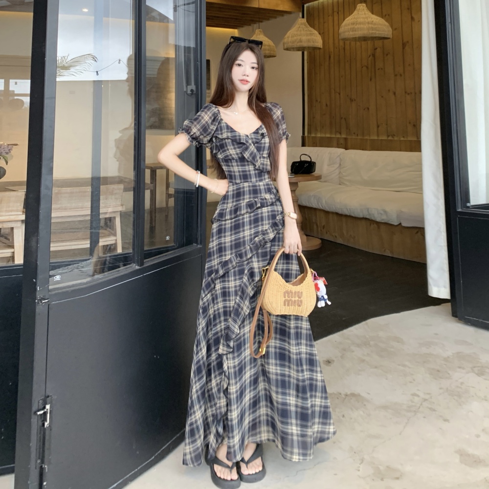 Plaid short sleeve strapless large yard slim dress