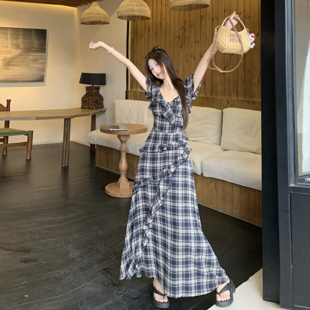Plaid short sleeve strapless large yard slim dress