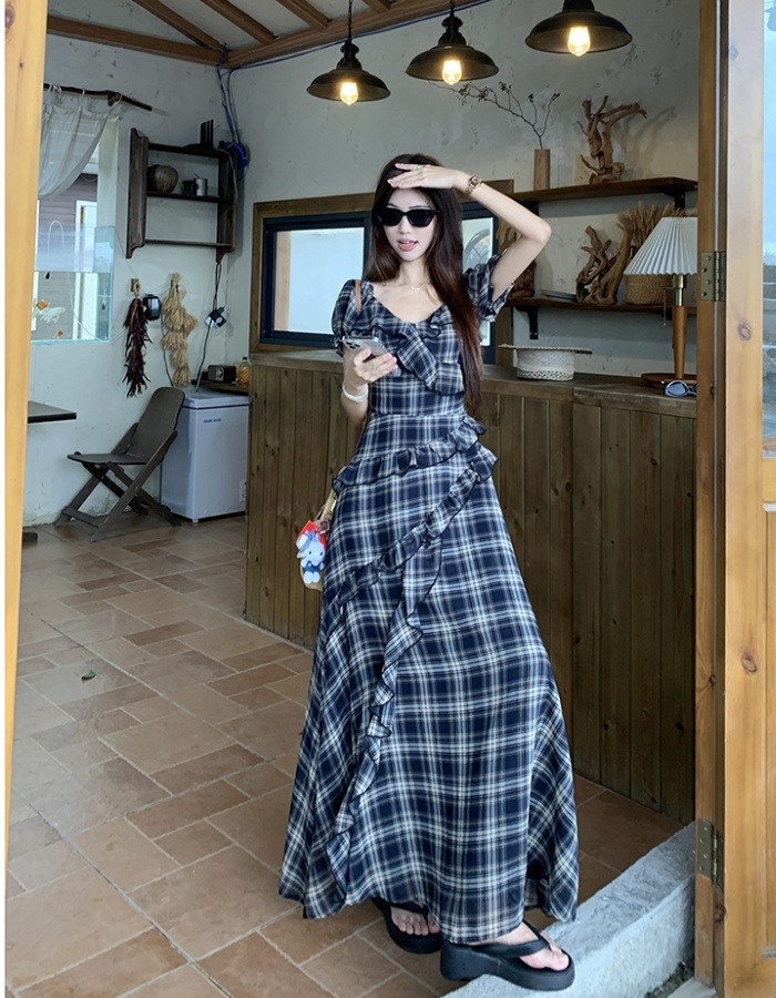 Plaid short sleeve strapless large yard slim dress