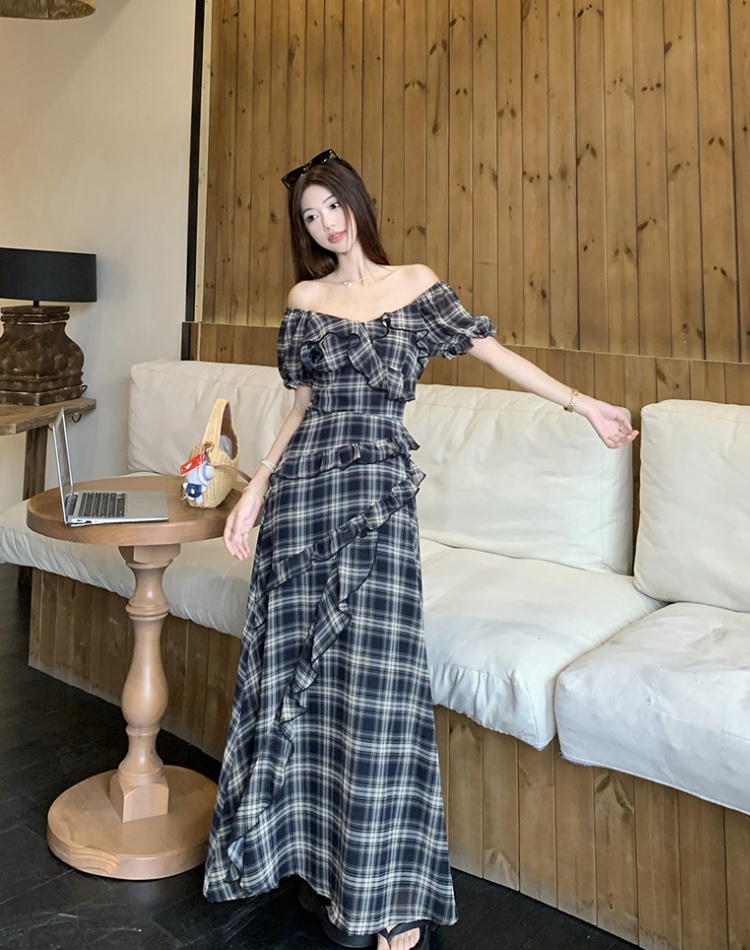 Plaid short sleeve strapless large yard slim dress