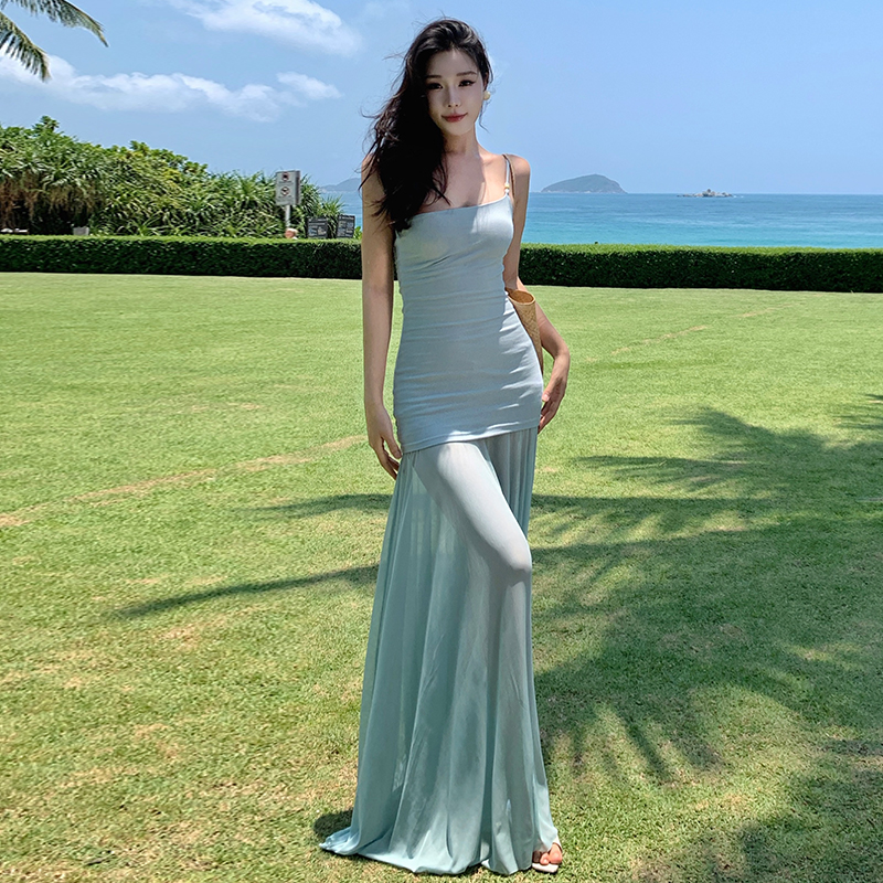 Splice sloping shoulder beads temperament gauze dress