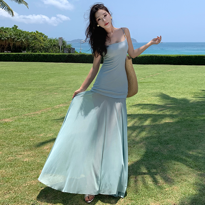 Splice sloping shoulder beads temperament gauze dress