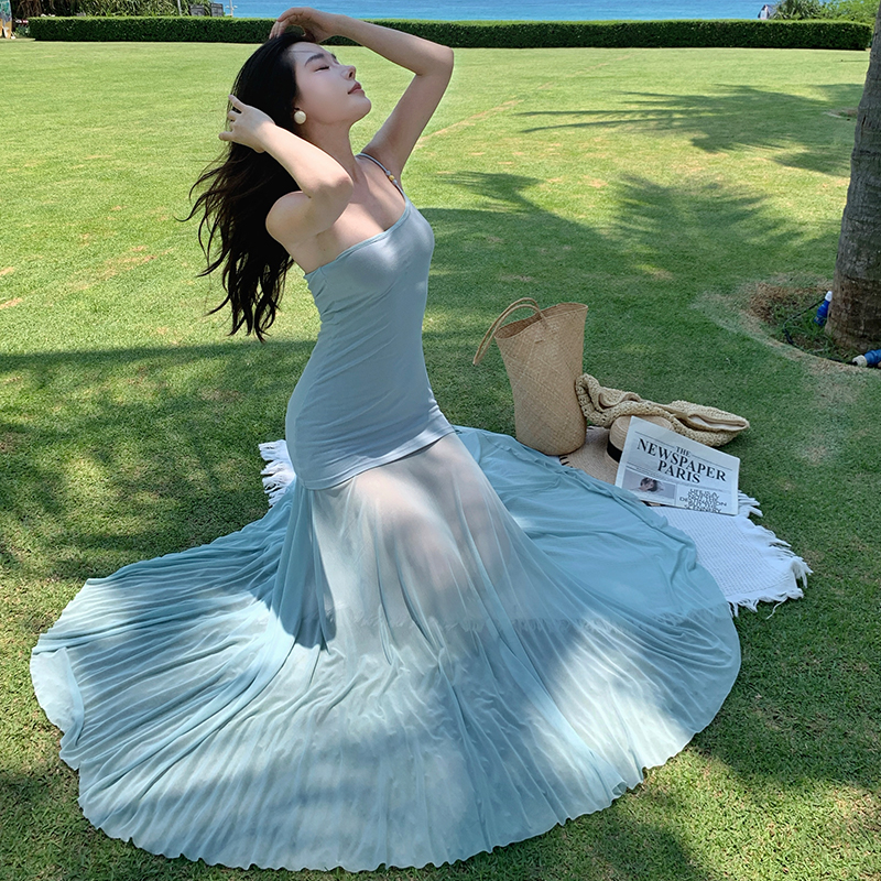 Splice sloping shoulder beads temperament gauze dress
